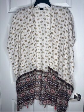 Ivory Elephant Print Open Kimono with Patterned Hem